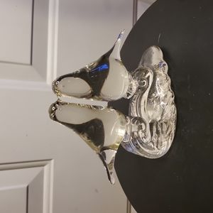Vintage Kissing Clear Blown Glass Love Birds on a Wave Paperweight Figurine